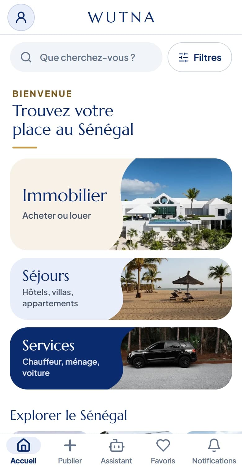 The home screen of the Wutna app: Real estate, Stays, Services